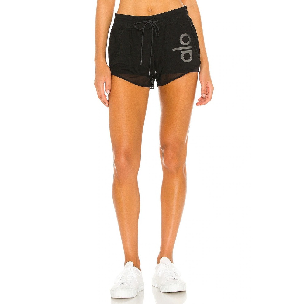 Alo Yoga Ambience Layered Graphic Performance Shorts Black Mesh Athletic Logo M